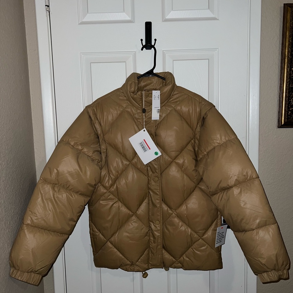 Topshop Women’s Camel-Colored Quilted Puffer Jacket with Removable Sleeves.